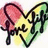 Heart-shaped icon with 'love life' text, red pink green yellow gradient, black outline, and watercolor texture.