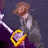 Pixelated figure with light brown hair holds a yellow electric guitar against dark purple background.