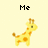 Pixelated giraffe icon with orange spots on yellow body, positioned under text labels 'Me', 'Sexy', and 'hehe' against light background.