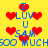 Pixelated yellow background with red hearts and blue text reading "I LUV U SAM SOO MUCHBOO MUCH" arranged in a pattern