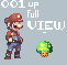 Pixel art image of a character resembling Mario standing next to a green mushroom, with text reading '001 up Full VIEW' on light gray background.