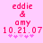 Pixelated pink text on light pink background reads 'eddie & amy 10.21.07' with five small hearts below, two versions differ in heart coloration.