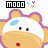 Pixelated cartoon cow with white face, blue spot, black eyes, red mouth, and purple outline; text "mooo" above in black box with small colored hearts.
