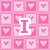 Pink pixelated background with repeating heart patterns, featuring text and symbols in white outlines.