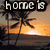 A beach sunset scene with palm trees and a bright sun, featuring pixelated text overlays that change across frames.