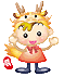 Pixelated character with golden dragon-hat, red dress, and blue shoes holding a red object with white text.