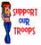 Static pixel art icon of a cartoon woman with brown hair and red headband standing next to bold red text reading SUPPORT OR TROOPS on white background.