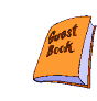 A cartoon-style guest book icon with orange cover and blue pages, showing sequential animation of opening and closing with a pen and bookmark.