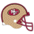 Pixelated football helmet with tan surface, maroon trim, and a red 'SF' logo on the side.