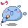 Pixelated blue blob character with closed eyes, pink blush marks, and a brown object held in its left hand against gray background.