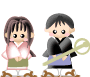Two anime-style characters stand side-by-side; one holds a large key-like prop, with red Japanese text above them.
