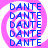 Blue text "DANTE" repeated five times vertically on a pink and white spiral background, arranged in four identical quadrants.