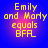 Four identical pixelated text on blue background with pink gradient, each displaying yellow text "Emily and Marly equals BFL"