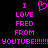 Pixelated text in bright pink on black background with a heart symbol above the left 'I' and repeated YouTube exclamation marks at bottom.