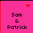 Four pink square display "Sam & Patrick" text with pixelated red symbols: a heart in top-left, sparkles in top-right, and dots in bottom-left