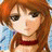 Pixelated static image of a female anime character with long brown hair and red top against blue background.