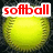 Six yellow softball images arranged in a , each with the word "softball" displayed above or below it in different colors