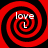 Four identical red and black spiral patterns arranged in a , each containing the word 'love' and a stylized 'L' symbol