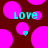 Pixelated image with dark red background, bright pink circles, and cyan text reading "Love" in two locations.