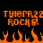 Orange pixelated text 'TYLERR22 ROCK 6.' repeated twice above orange flames on black background.