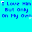 Cyan background with repeating blue text "I Love Him But Only On My Own" and small white stars scattered throughout.
