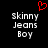 Black background with white pixelated text 'skinny Jeans Boy' and a red heart symbol above the left side of the text.