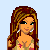 Pixel art contact sheet showing multiple frames of a cartoon woman with long brown hair wearing a floral tank top and dark pants, accompanied by purple text phrases on a light blue background.