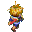 Pixelated character with large round head and brown hair, wearing blue pants and red-and-blue top, in running motion