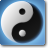 Static pixel art of a yin-yang symbol with white and black curved sections on a blue background, featuring small circular dots in each section.