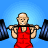Pixelated animation of a bald man in red singlet lifting black barbell from chest to overhead against blue background.