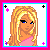 A 4-frame pixel art contact sheet showing a blonde character and text elements with pink, cyan, and black accents on white backgrounds.