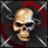 A skull with a metallic sheen and dark eye sockets, set against crossed swords on a red-and-black background.