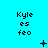 Pixelated text 'Kyle es feo' on cyan background with animated symbols changing across three