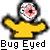 Pixelated character with large red eye and yellow shirt, gray background text reads 'Bug Eyed' in blocky font.