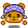 Pixelated cartoon bear with brown fur, blue headband with yellow stars, pink cheeks, and orange paws on gray background.