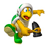 Pixelated character with yellow body, green shell, white helmet, blue eyes, red mouth, holding black object while pointing right.