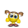 Yellow cartoon character with brown pigtails and pink shoes displays multiple facial expressions and speech bubbles containing text like "Back," "Back to school?", and "You're kidding.".