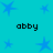Cyan background with blue star shapes and four instances of the text 'abby' in black pixelated font.