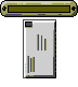 Four pixelated frames show a beige rectangular device with dark green slots and small circular details, interacting with white paper-like objects containing vertical lines.