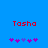 Blue background with red text 'Tosha' and purple pixelated symbols below, showing two distinct symbol arrangements.
