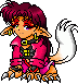 Pixelated character with magenta hair, red eyes, and a white-tipped tail in pink outfit with black straps.