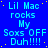 Blue background with repeated cyan text 'Lil Mac rocks My Soxs OFF Duh!!!!' and scattered yellow dots, no visible animation changes.