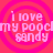 Pixelated pink text on a red background with concentric circles, repeating 'i love my poocly sandy' in four quadrants.