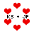 Red pixelated hearts and text 'KS + JF' on white background with animated heart shapes changing.