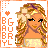 Pixelated icon of a woman with long blonde hair and a flower crown, wearing a light dress, with orange text and heart symbols on a white background.