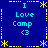 Blue background with yellow dotted and dashed borders, four identical text blocks reading "I Love Camp <3" in cyan pixelated font surrounded by star symbols.