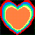 A pixelated heart shape with layered rainbow borders on a black background, featuring red outermost edges and orange interior.