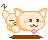 Pixel art contact sheet showing two frames of an animated cat-like character with closed eyes, pink flower, and brown ground on gray background.
