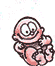 Animated cartoon character with pink skin and large eyes, shown in three sequential poses with motion lines indicating movement.