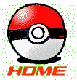Four pixelated red-and-white spherical icons with black bands and central white circles, each labeled 'HOME' in orange text below, arranged in a on a gray background with green speckles